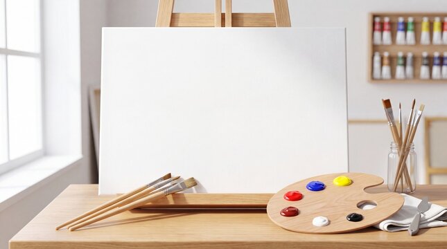 Artist Paintbrushes and Blank Canvas with Immense Copy Space