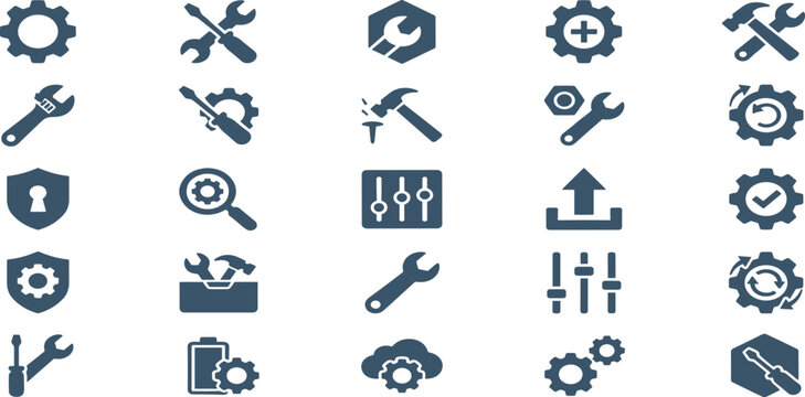Technical settings and repair tool icon vector set with gears wrenches screwdrivers hammers sliders