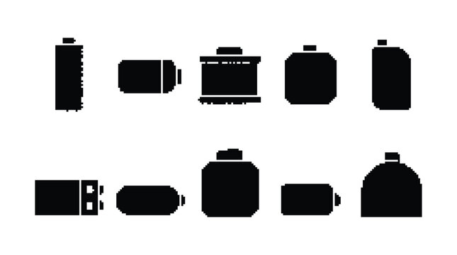 Set of various battery types and sizes icons in pixel art style