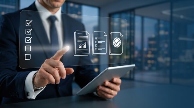 Corporate executive reviewing digital documents and checklists on holographic screen for business compliance and approval process.