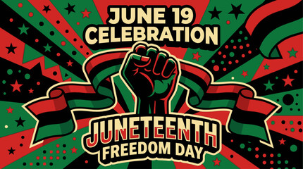 Fototapeta premium Juneteenth Freedom Day Celebration Banner with Iconic Raised Fist Symbol Pan-African Color Palette Ribbons and Bold Typography Design for June 19 Commemoration Background and Cultural Heritage