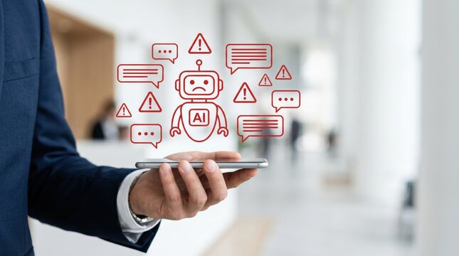 Hand holding smartphone displaying angry AI robot icon with warning signs and chat bubbles, representing customer service failure, technical error or artificial intelligence com...