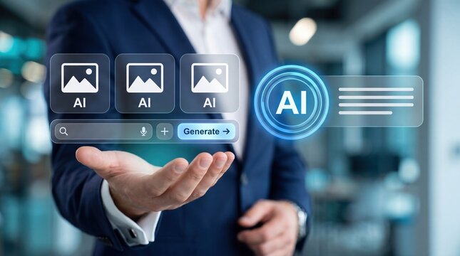 Artificial intelligence generation concept, businessman using AI software to create images and text content with futuristic interface display representing machine learning and a...