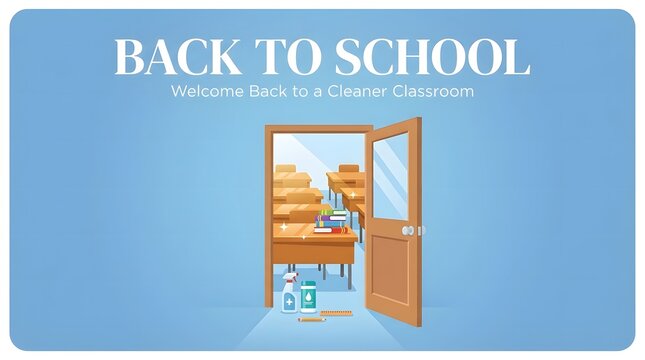 Open school door showing classroom with desks books and cleaning supplies for academic welcome back.
