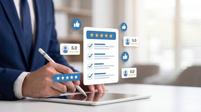 Customer review rating feedback, businessman writing five star evaluation on tablet with social media like icons and user profile avatars representing satisfaction survey and qu...