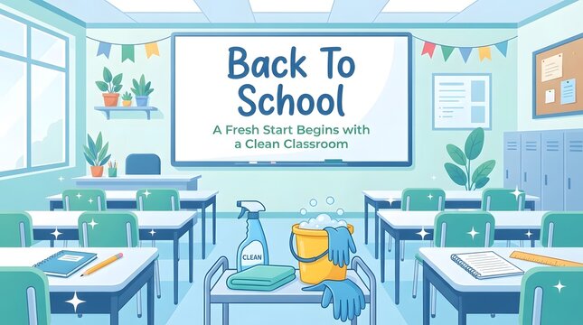 Classroom with desks notebooks pencils and cleaning bucket with spray for fresh school start period.