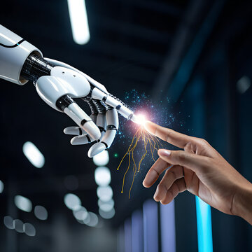 A robotic hand touches a human finger with sparks flying in a dark futuristic laboratory setting with technology and innovation.