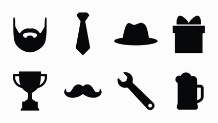 Chunky bold silhouette icons set featuring facial hair formalwear tools with solid black lines striking visual impact plain white background © Mrittunjoy