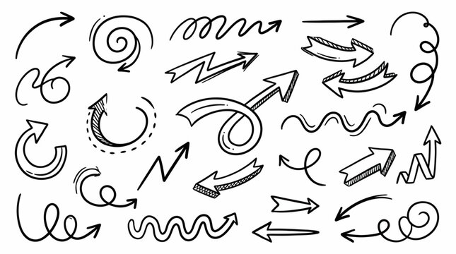 Hand drawn doodle arrow vector collection curved swirly wavy sketch elements for graphic design infographic business presentation artistic projects