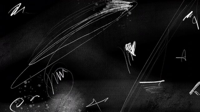 White grungy doodle scratches and rough texture with black background. abstract charcoal scribbles grunge. 4k video