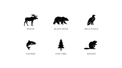 Minimalist black and white wildlife icon set featuring moose bear eagle fish tree with modern collection six black silhouette icons representing wildlife nature © Mrittunjoy