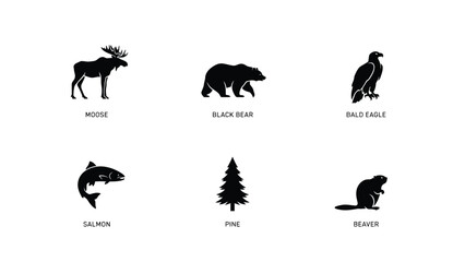 Naklejka premium Minimalist black and white wildlife icons featuring moose bear eagle salmon pine with nature inspired aesthetic sharp outlines minimalistic design