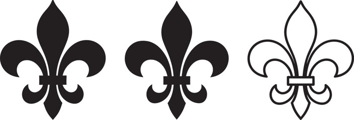 Fleur de lis vector icon set featuring traditional French lily heraldic symbols in black solid silhouette style for luxury branding, logo design, and elegant vector illustration collection. ©   