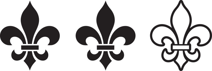 Fleur de lis vector icon set featuring traditional French lily heraldic symbols in black solid silhouette style for luxury branding, logo design, royal emblems, and premium vector design elements. ©   