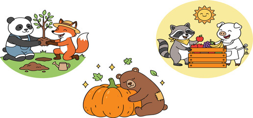 Fototapeta premium Cute cartoon animals gardening and harvesting illustration set with panda fox raccoon pig and bear