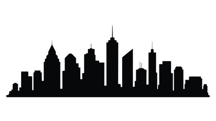 Obraz premium A black and white silhouette illustration depicts a city skyline at dusk