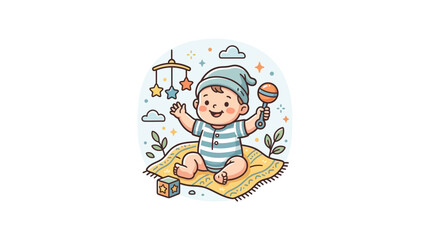 Happy baby sitting with rattle toy and mobile.