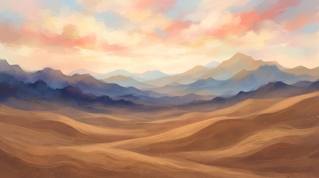 Digital painting of a vast desert landscape with rolling sand dunes under a soft pastel sunset sky with layered mountain silhouettes behind