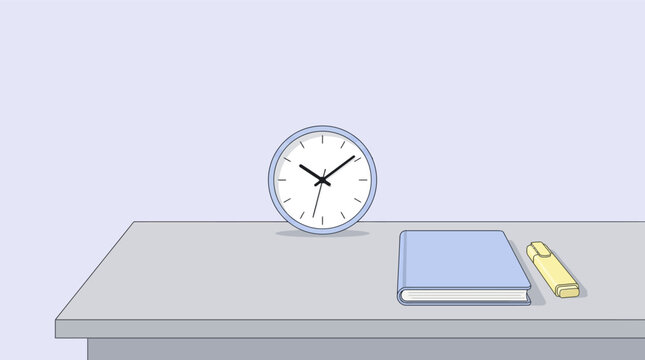Minimalist flat design illustration of an analog clock, a blue book, and a yellow highlighter pen on a grey desk surface against a solid pastel background, representing a study area.