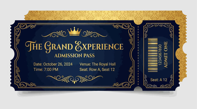 Elegant Navy Blue and Gold Event Ticket Template with Luxury Ornamentation Featuring Barcode Seat Selection and Perforated Stub Design for Exclusive Gala Entry Pass Vector Illustration