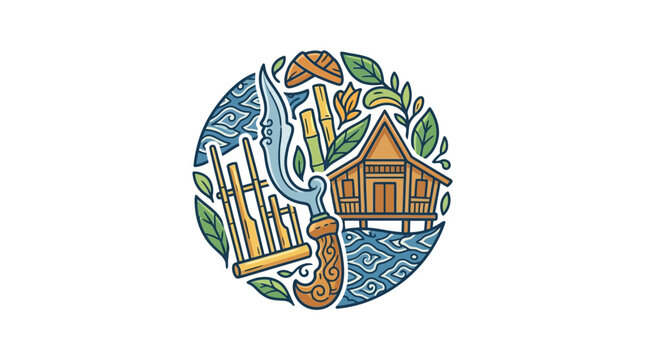 Indonesian cultural symbols with keris and traditional house.