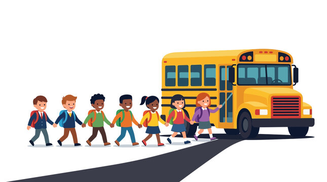 Diverse group of school children with backpacks holding hands and walking in a line toward a yellow school bus for the first day of school, flat vector illustration on white.