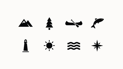 Modern minimalist black icons set with stylized format perfect branding digital design projects evoking themes outdoor exploration with silhouettes against neutral © Mrittunjoy