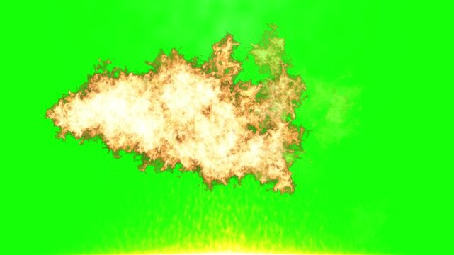 Fire explosion erupts in a massive burst of flame and thick smoke against a bright green screen background.