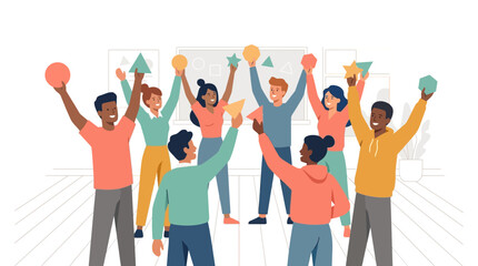 Obraz premium Flat design illustration of a diverse group of multicultural students holding colorful geometric shapes including circles, triangles, and stars in a bright classroom setting.