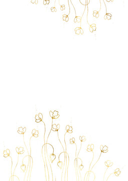 Cute gold floral frame of golden wildflowers for luxury wedding invitations, cards, posters. Golden stroke,line gold template. Watercolor brush stroke gold. Golden foil pieces flake. Old gold texture.