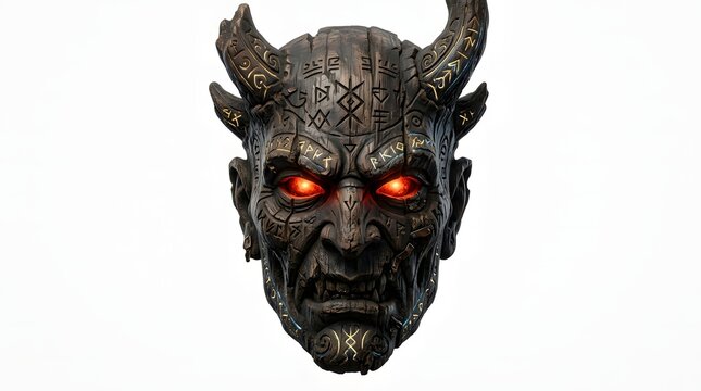 Glowing Red Eyes Halloween Demon Mask with Horns and Dark Fantasy Texture