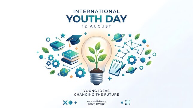 International youth day creative concept with light bulb plant and academic elements for annual event.