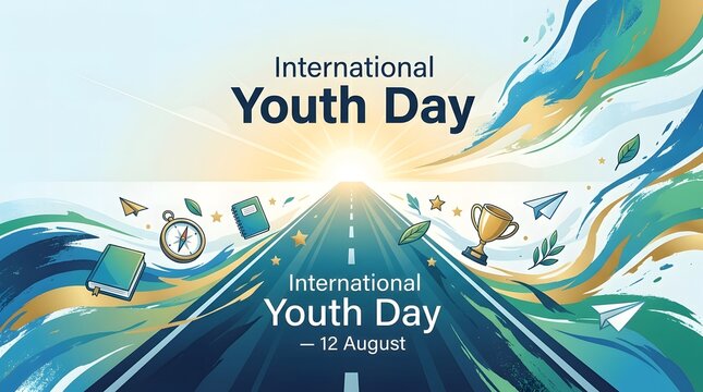 International youth day design with road leading towards bright sun and educational icons on horizon.
