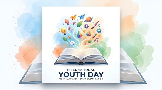 Open book with floating educational elements like rocket and art supplies for international youth day.