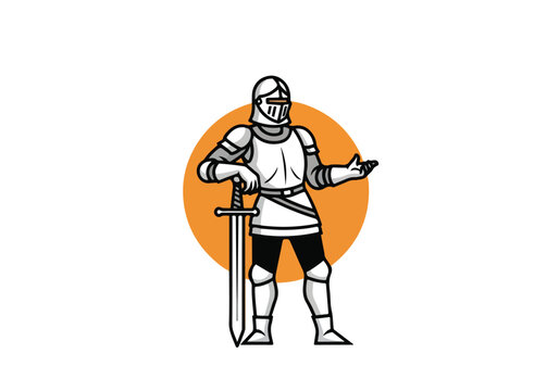 Illustration of a medieval knight standing with a sword.