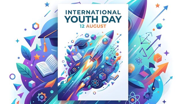 International youth day poster featuring rocket launch and academic symbols for future and inspiration.