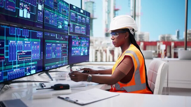 Woman Monitors Automated Industrial Gas System Using Computer