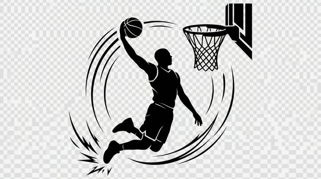 Vector silhouette of a male basketball athlete performing a powerful slam dunk to score a goal in the hoop, isolated on a transparent background, dynamic sports action graphic illustration.