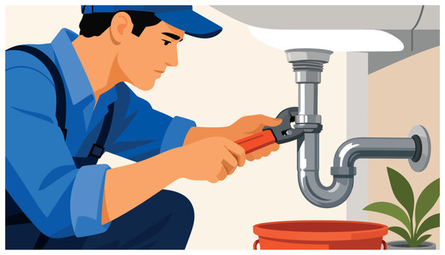 Plumber fixing pipe under sink.