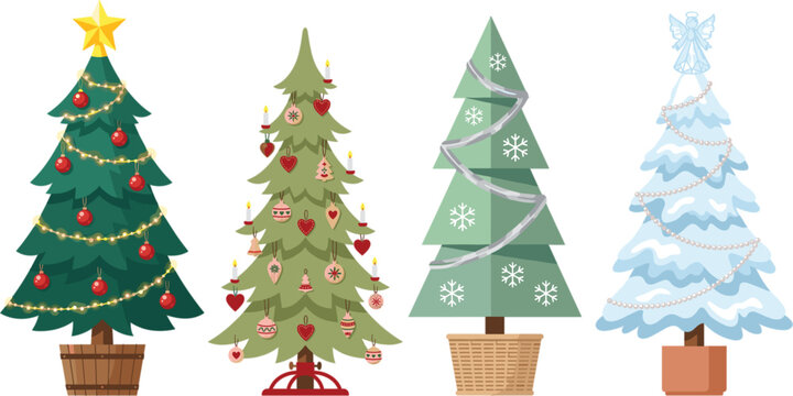 Decorated Christmas Trees In Various Styles Holiday Graphic Elements Vector Set