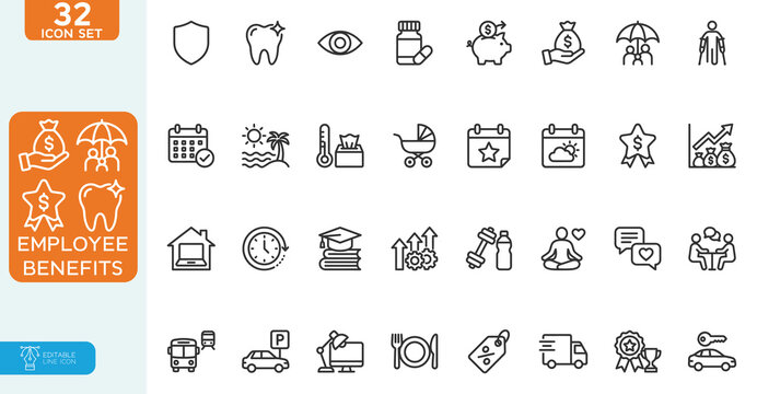 Employee Benefits Vector illustration line editable Icons set. featuring human Resources, Health Insurance, Career Growth, Teamwork, Workplace Wellness, and Corporate Management Concepts.