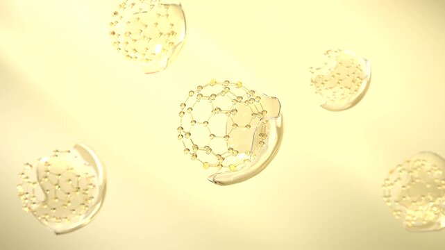 Golden 3D molecular structures float in a soft abstract space while surrounded by a transparent liquid shell. The outer layer gradually separates, revealing the molecule inside.