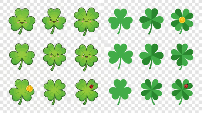 Vibrant Green Shamrock Clover Leaf Illustration Set for St Patrick Day Celebration Featuring Lucky Symbol Cartoon and Flat Style Vector Icons Collection Isolated on Transparent Background