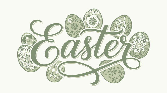 Elegant Sage Green Easter Script Typography with Intricate Ornate Patterned Egg Illustration, Minimalist Aesthetic Pastel Graphic Design Vector for Seasonal Holiday Greeting Cards