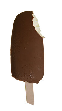 Close up of a chocolate coated ice block with bite mark.