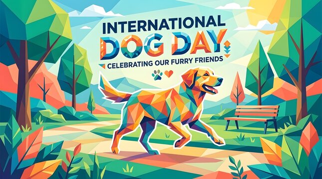 Colorful geometric polygon style illustration of walking dog in sunny park international dog day.