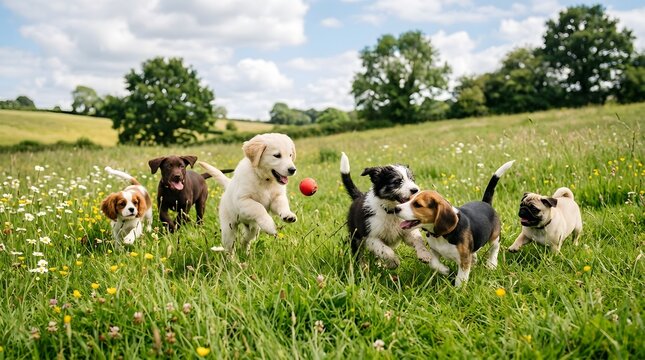 Group of diverse puppies running and playing in green summer meadow field on international dog day.