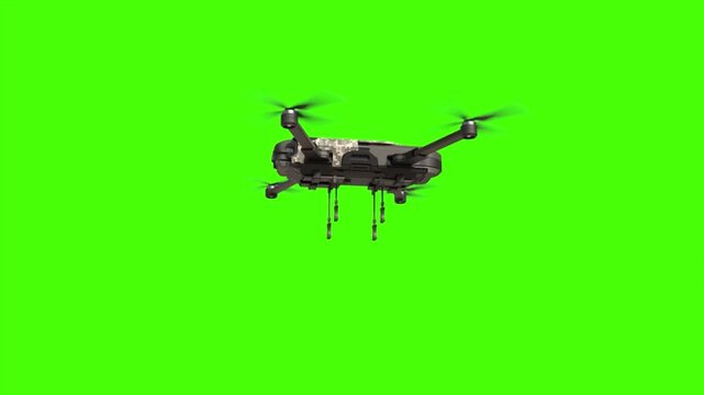 Armed military drone launching missile on green screen, combat uav attack animation, chroma key aerial warfare effect, realistic 4k stock footage video