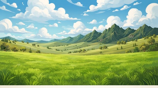 Rolling green hills under a bright blue sky with fluffy white clouds, featuring a vast grassy meadow and distant mountain ranges in summer