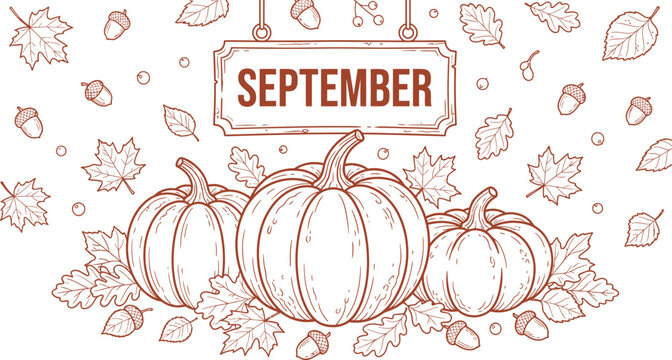 September silhouette illustration with pumpkins and leaves